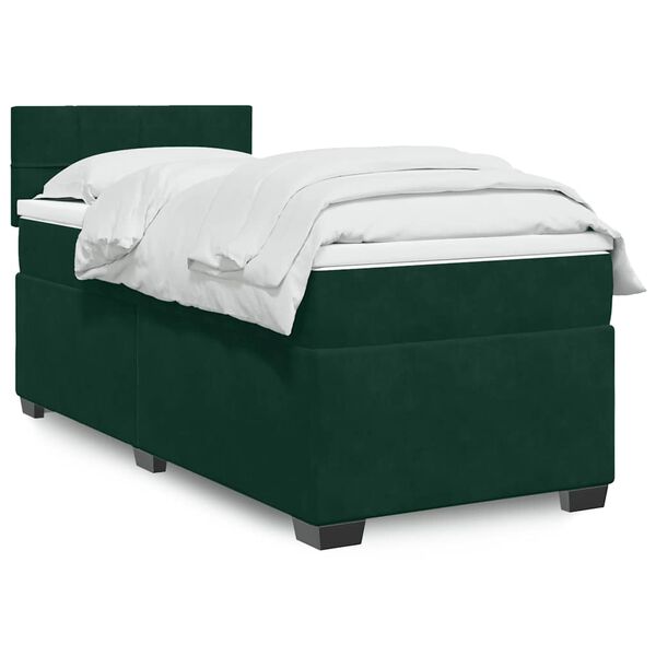 vidaXL Pat box spring cu saltea, verde &icirc;nchis, 90x190 cm, catifea