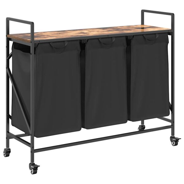 vidaXL Coș de rufe 3 compartimente cu roți stejar fumuriu