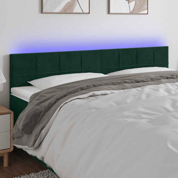 vidaXL Tăblie de pat cu LED, verde &icirc;nchis, 160x5x78/88 cm, catifea