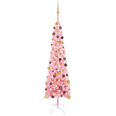 vidaXL Brad de Crăciun pre-iluminat slim, set globuri, roz, 210 cm