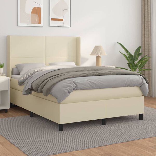 vidaXL Pat box spring cu saltea, crem, 140x200 cm, piele ecologică