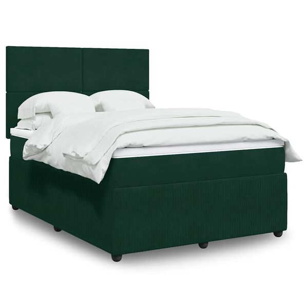vidaXL Pat box spring cu saltea, verde &icirc;nchis, 140x200 cm, catifea