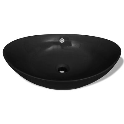 Chiuvetă ovală cu preaplin, negru, 59 x 38,5 cm, ceramică de lux