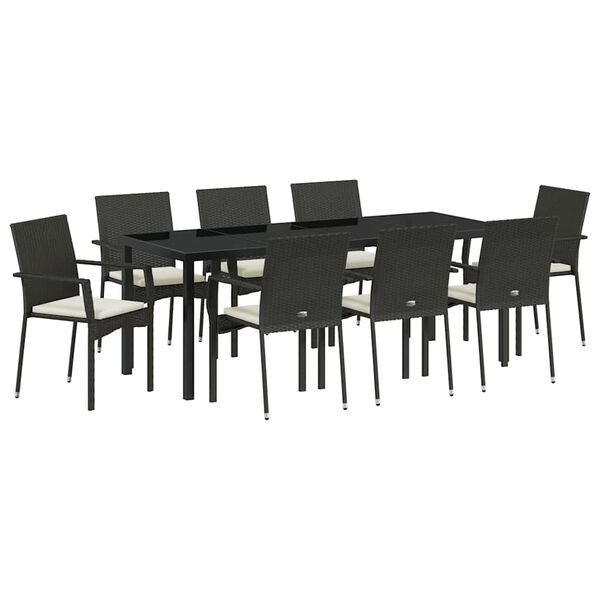 vidaXL Set de masă pentru grădină cu pernă 9 pcs Negru poliratan
