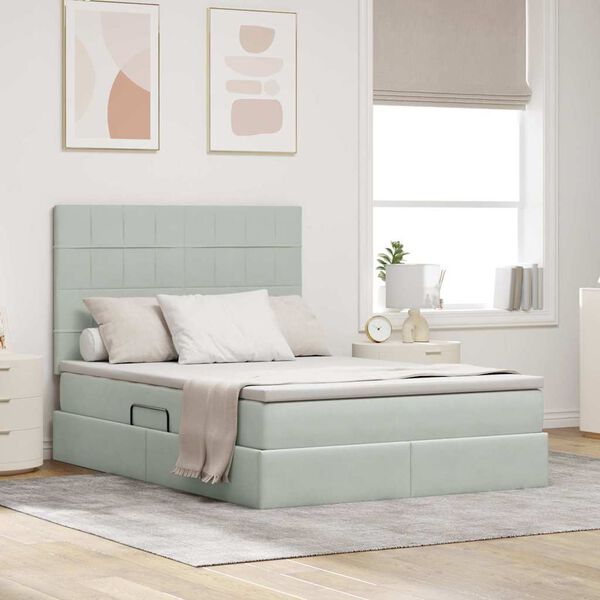 vidaXL Pat cu saltea și spațiu de depozitare Gri deschis 140 x 190 cm