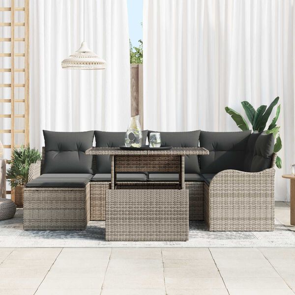 vidaXL Set de canapele pentru grădină cu pernă 7 pcs Gri Rattan poli