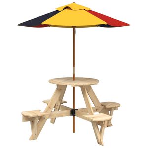 vidaXL Masă picnic pentru 4 copii cu umbrelă, rotundă, lemn masiv brad