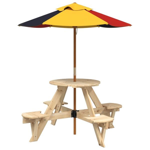 vidaXL Masă picnic pentru 4 copii cu umbrelă, rotundă, lemn masiv brad