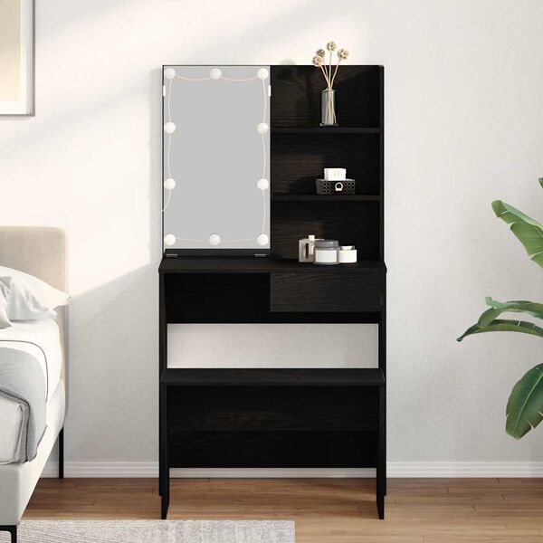 vidaXL Set masă de machiaj cu LED 2 pcs Stejar Negru Lemn compozit