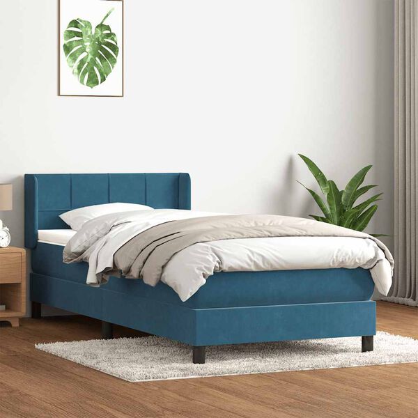 vidaXL Pat box spring cu saltea, albastru &icirc;nchis, 90x210 cm, catifea