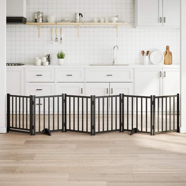 vidaXL Poartă c&acirc;ini pliabilă cu ușă, 6 panouri negru 300 cm, lemn brad