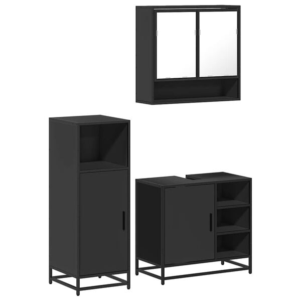 vidaXL Set mobilier de baie, 3 piese, negru, lemn compozit