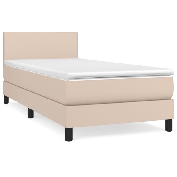 vidaXL Pat box spring cu saltea, cappuccino, 90x200 cm piele ecologică