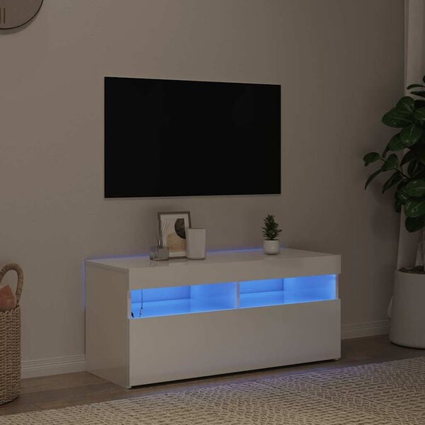 vidaXL Comodă TV cu lumini LED, alb extralucios, 90x35x40 cm