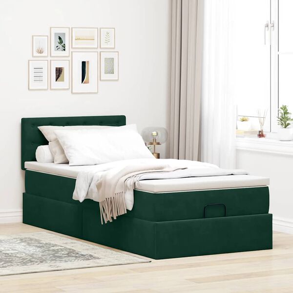 vidaXL Cadru de pat otoman cu saltea verde &icirc;nchis 90x190cm catifea