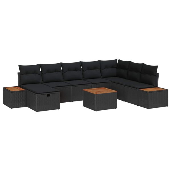 vidaXL Set de canapele pentru grădină cu pernă 9 pcs Negru Rattan poli