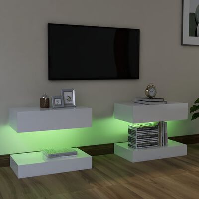 vidaXL Comode TV cu lumini LED, 2 buc., alb extralucios, 60x35 cm