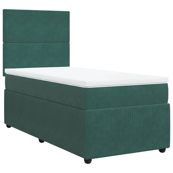 vidaXL Pat box spring cu saltea, verde &icirc;nchis, 90x200 cm, catifea