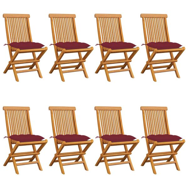 vidaXL Scaune de grădină cu perne roșu vin, 8 buc., lemn masiv de tec