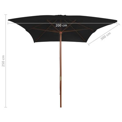 vidaXL Umbrelă de soare, exterior, stâlp lemn, negru, 200x300 cm