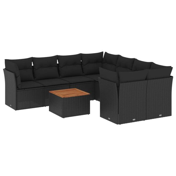 vidaXL Set mobilier de grădină cu perne, 9 piese, negru, poliratan