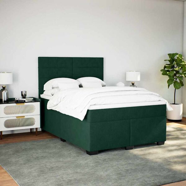 vidaXL Pat box spring cu saltea, verde &icirc;nchis, 140x190 cm, catifea
