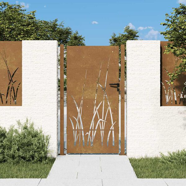 vidaXL Poartă de grădină 100x200 cm, oțel corten, design cu iarbă