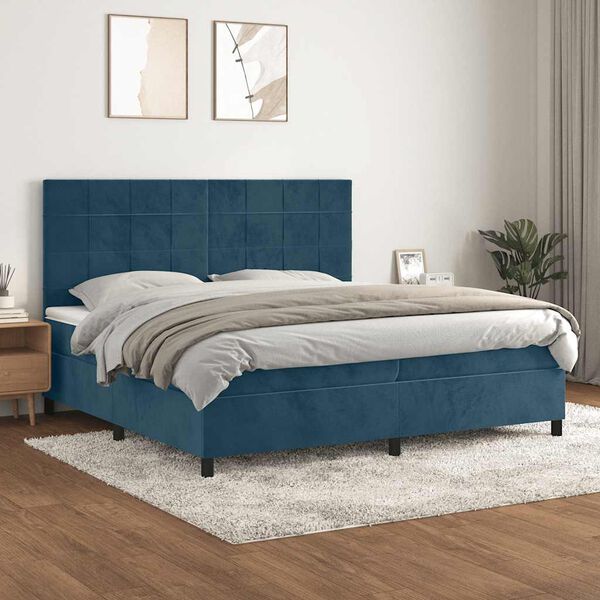 vidaXL Pat box spring cu saltea, albastru &icirc;nchis, 200x200 cm, catifea