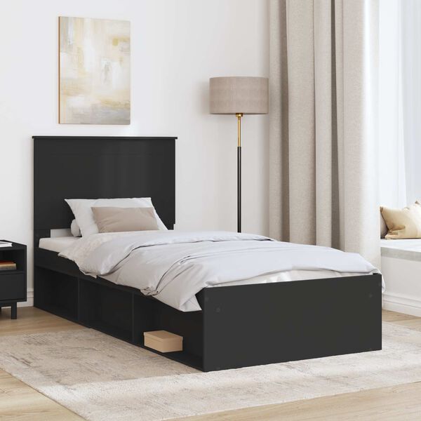 vidaXL Cadru de pat cu headboard Negru 90 x 190 cm Lemn de pin masiv