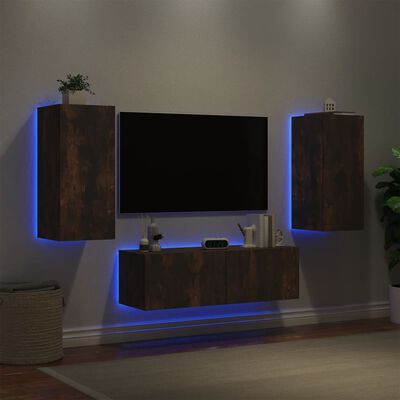 vidaXL Comode TV de perete cu lumini LED, 3 piese, stejar fumuriu
