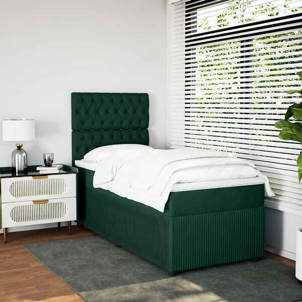 vidaXL Pat box spring cu saltea, verde &icirc;nchis, 90x190 cm, catifea