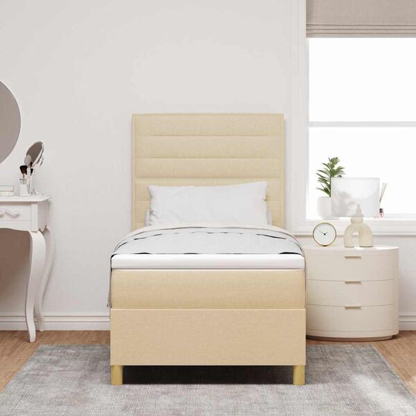 vidaXL Pat cu arcuri cu saltea cu headboard Crem 90 x 190 cm țesătură