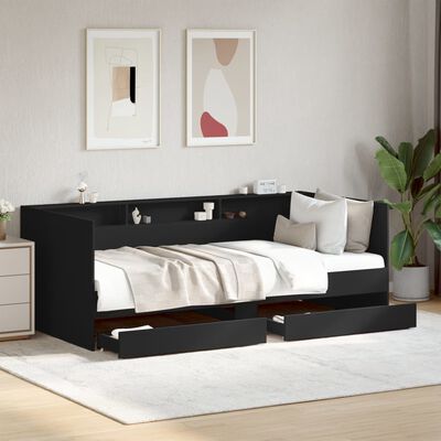 vidaXL Cadru pat de zi cu sertare, negru, 75x190 cm, lemn prelucrat