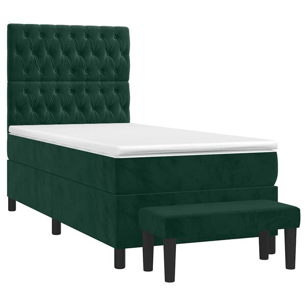 vidaXL Pat box spring cu saltea, verde &icirc;nchis, 100x200 cm, catifea
