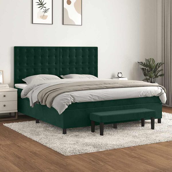 vidaXL Pat box spring cu saltea, verde &icirc;nchis, 160x200 cm, catifea