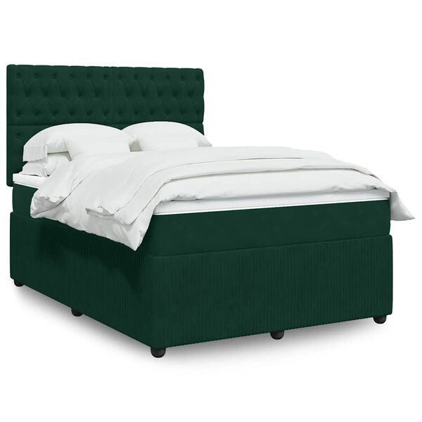 vidaXL Pat box spring cu saltea, verde &icirc;nchis, 160x200 cm, catifea