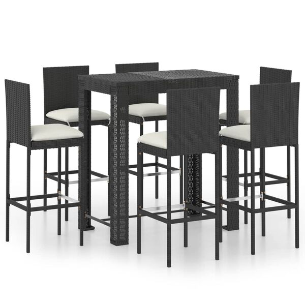 vidaXL Set mobilier bar de exterior cu perne, 7 piese, negru poliratan