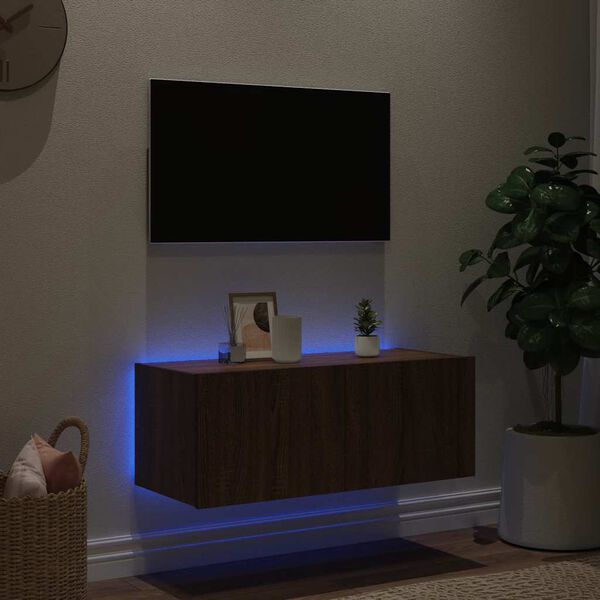 vidaXL Comodă TV de perete cu lumini LED, stejar maro, 80x35x31 cm