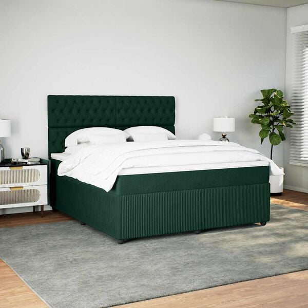 vidaXL Pat box spring cu saltea, verde &icirc;nchis, 180x200 cm, catifea