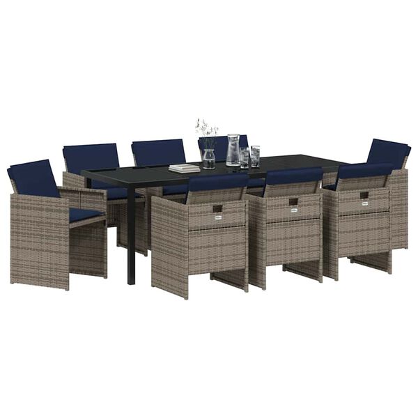 vidaXL Set de masă pentru grădină cu pernă 9 pcs Gri poliratan