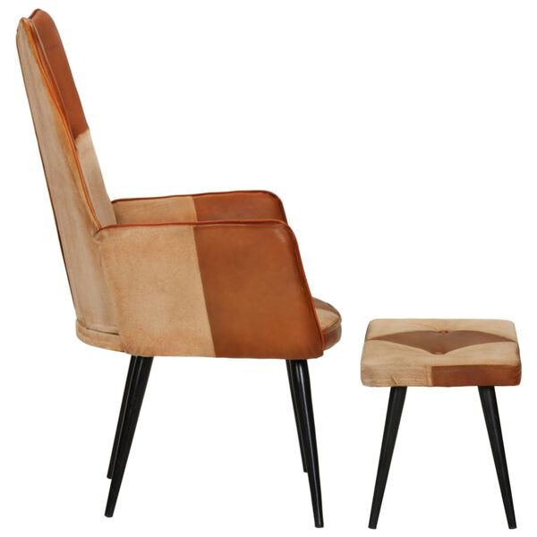 vidaXL Fotoliu cu taburet, maro, piele naturală și p&acirc;nză