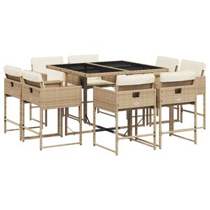 vidaXL Set de masă pentru grădină, 9 piese, cu perne, bej, poliratan