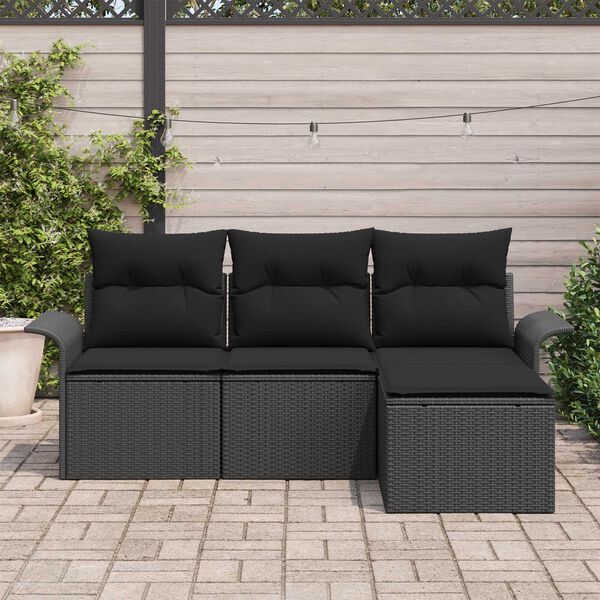 vidaXL Set de canapele pentru grădină cu pernă 4 pcs Negru Rattan poli
