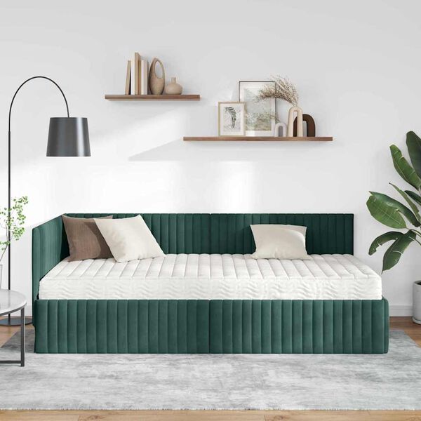 vidaXL Cadru de pat colțar cu saltea cu headboard 2 pcs Verde Catifea