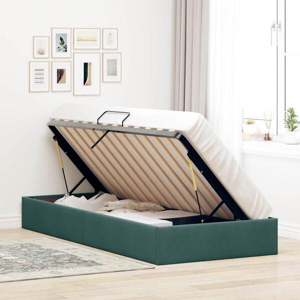 vidaXL Pat cu storage cu headboard Verde &icirc;nchis 90 x 200 cm Catifea
