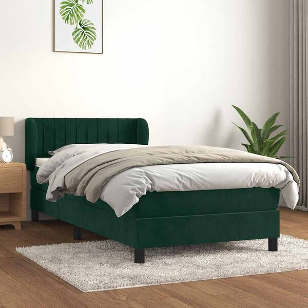 vidaXL Pat box spring cu saltea, verde &icirc;nchis, 80x200 cm, catifea