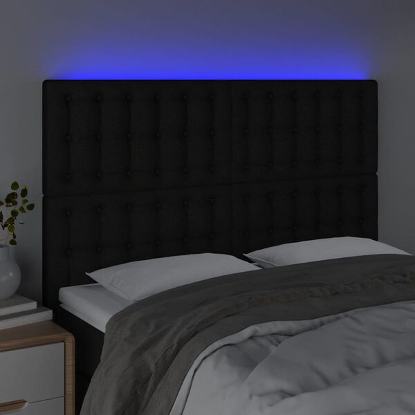vidaXL Tăblie de pat cu LED, negru, 144x5x118/128 cm, textil