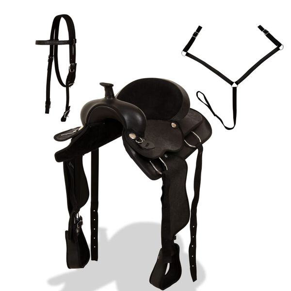 vidaXL Șa Western, căpăstru & pieptar, piele naturală, 15", negru