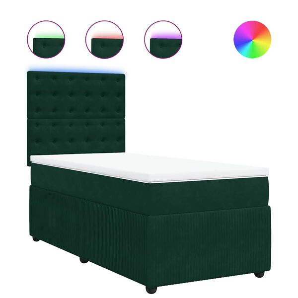 vidaXL Pat box spring cu saltea, verde &icirc;nchis, 100x200 cm, catifea