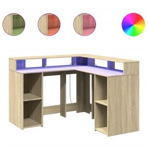 vidaXL Birou cu lumini LED stejar sonoma 130x130x91 cm, lemn prelucrat